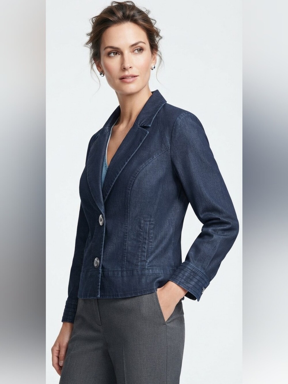 Apostrophe Stretch Dark Wash Denim Blazer Jacket Large Y2K Inspired